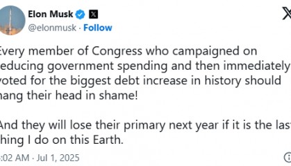 马斯克誓言：若特朗普大而美法案通过，第二天就成立“美国党”